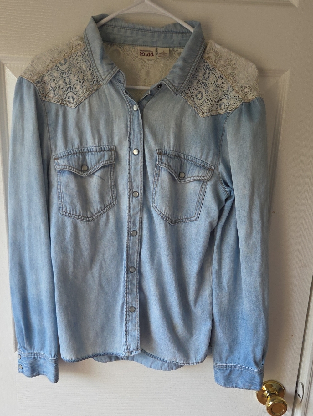 Mudd Western Lace Shirt Jean Button Down  Sz L Lightweight Button Shirt Cowgirl